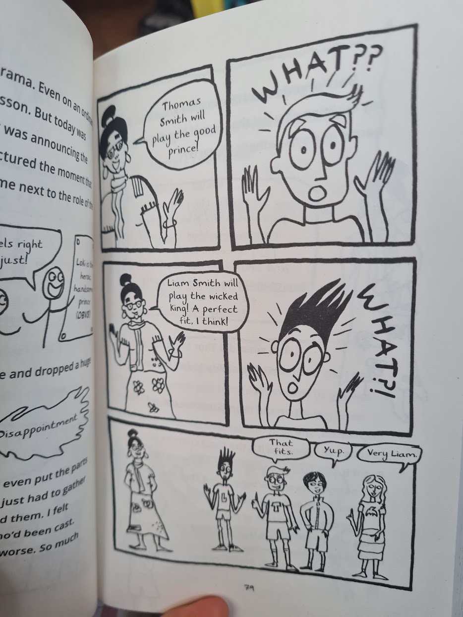 pic of comic featuring Loki's drama teacher, Thor and Loki. The drama teacher says that Thor will play the main part of the good prince and "Liam Smith" will play the wicked king which is "a perfect fit, I think". Both Thor and Loki are horrified. But their class thinks Loki is perfect for the wicked king.